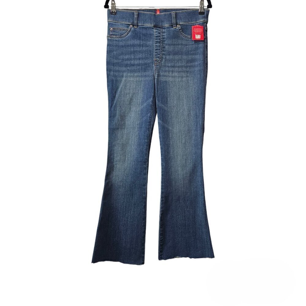 Spanx High Waist Flare Pull On Stretch Denim Raw Hem Jeans